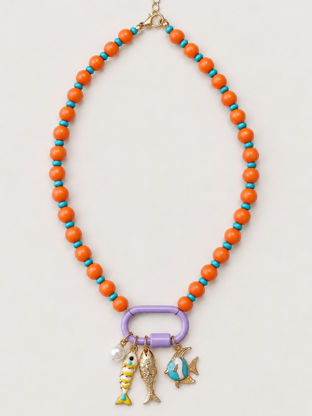New! Orange Blue Mixed Beaded Fish Carabiner Necklace NWOT 1054